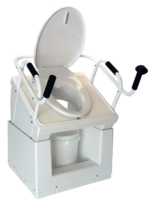 Throne Buttler Powered Lift Commode Chair Front Angled Perspective View Of The Complete Standalone White Base With An Open Lid Toilet Seat Armrests And Waste Bucket