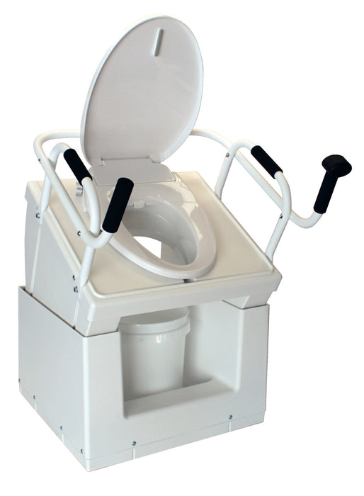 Throne Buttler Powered Lift Commode Chair Front Angled Perspective View Of The Complete Standalone White Base With An Open Lid Toilet Seat Armrests And Waste Bucket