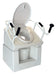 Throne Buttler Powered Lift Commode Chair Front Angled Perspective View Of The Complete Standalone White Base With An Open Lid Toilet Seat Armrests And Waste Bucket