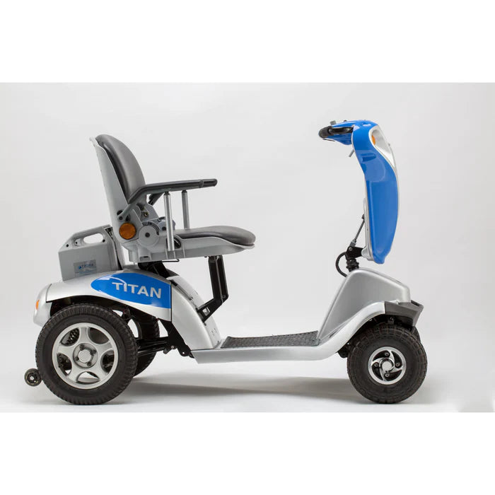 Side View Blue Tzora Titan 4 Mobility Scooter Powerful, Portable, and Comfortable for On and Off-Road Travel