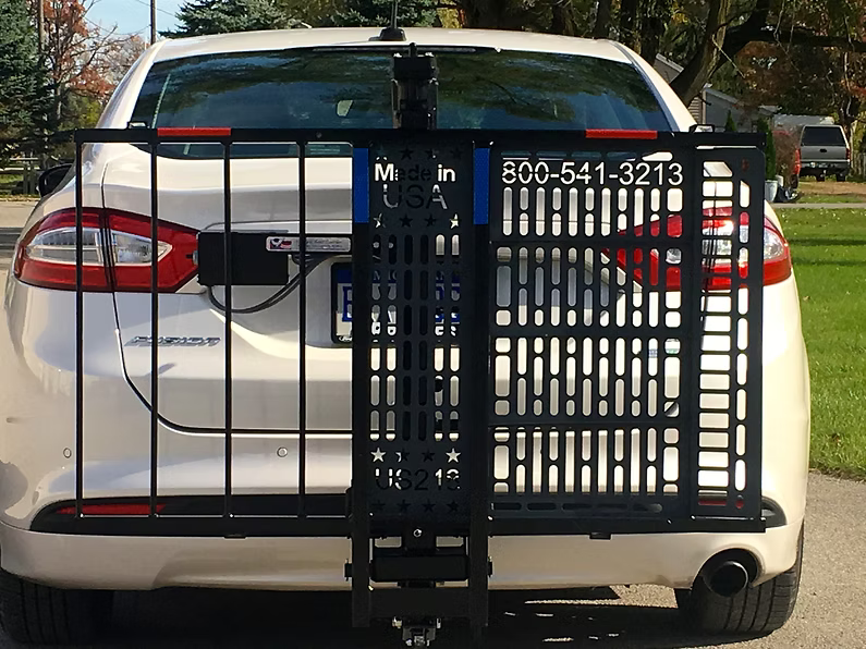 Wheelchair Carrier Hold N Go Electric Lift Installed In Hitch Receiver Standard Platform Folded View