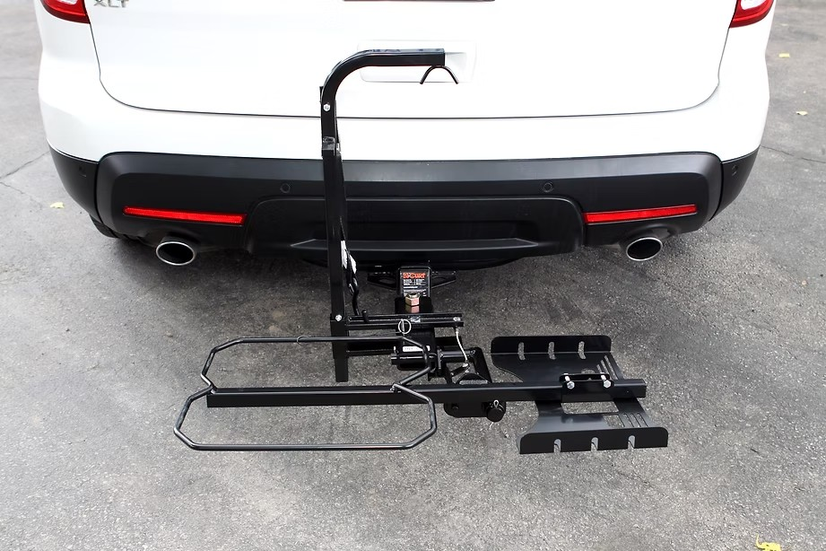 Wheelchair Carrier Tote Installed In Car Hitch Receiver Closer View