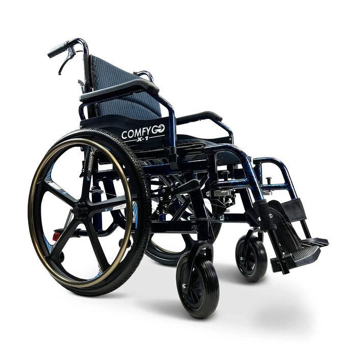 Blue ComfyGO X-1 SE Lightweight Manual Wheelchair Comfort, Safety, and Easy Mobility, Blue color with Caregiver Brake , Rear Bag , Anti-tip Bars and Parking Brakes