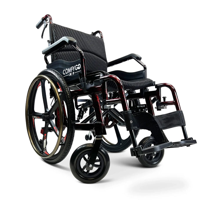 Red ComfyGO X-1 SE Lightweight Manual Wheelchair Comfort, Safety, and Easy Mobility, Red color with Caregiver Brake , Rear Bag , Anti-tip Bars and Parking Brakes