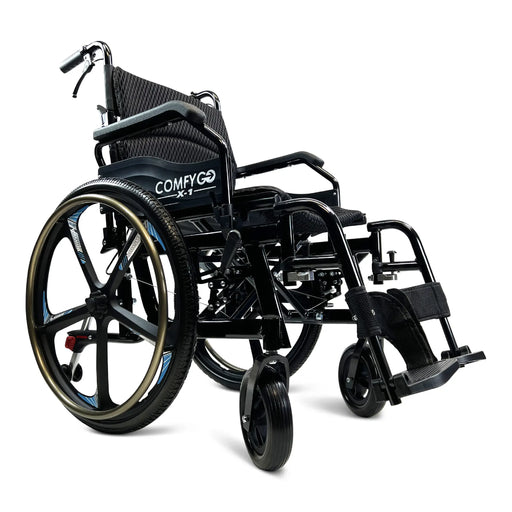 Black ComfyGO X-1 SE Lightweight Manual Wheelchair Comfort, Safety, and Easy Mobility, Black color with Caregiver Brake , Rear Bag , Anti-tip Bars and Parking Brakes